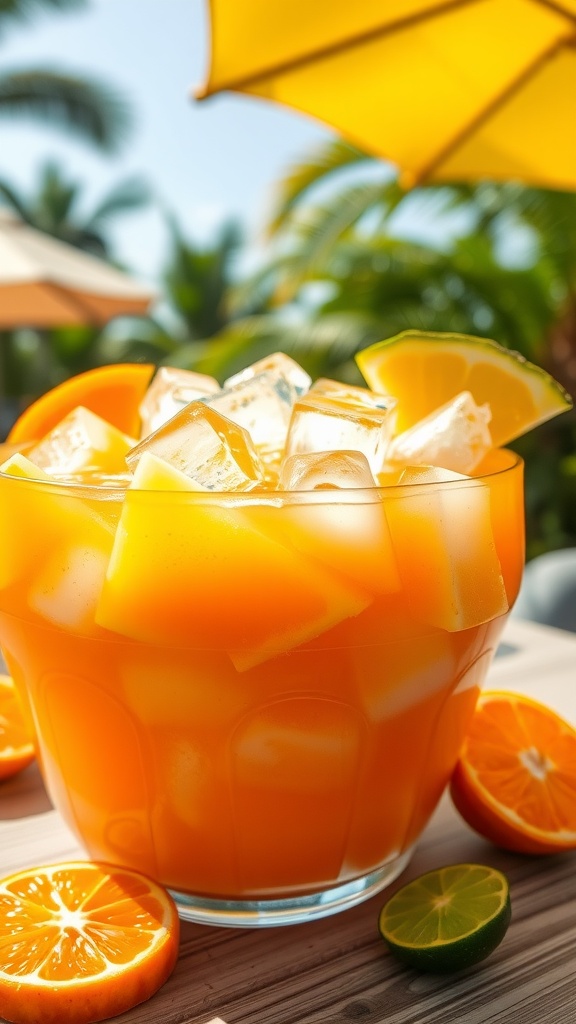 A colorful bowl of Tropical Vodka Punch with fresh fruit garnish, set against a sunny beach backdrop.